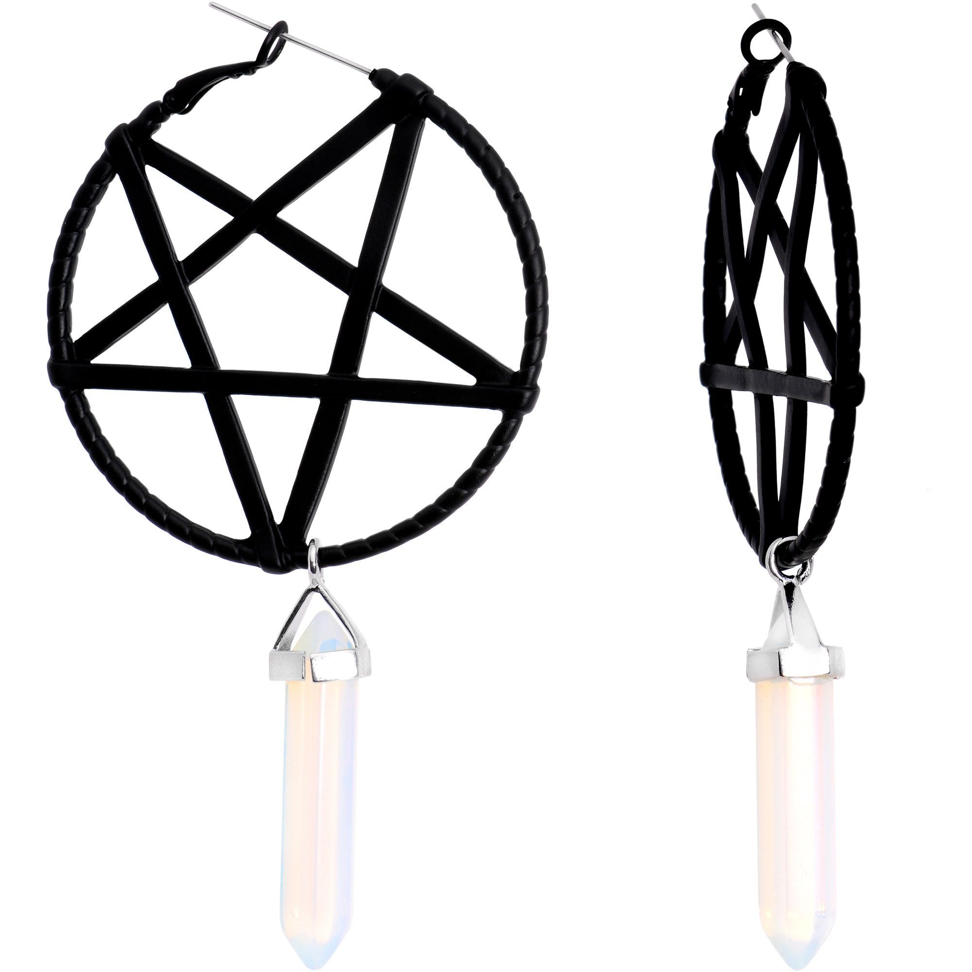 Opalite Stone Black Star Pentagram Tunnel Plug Earrings