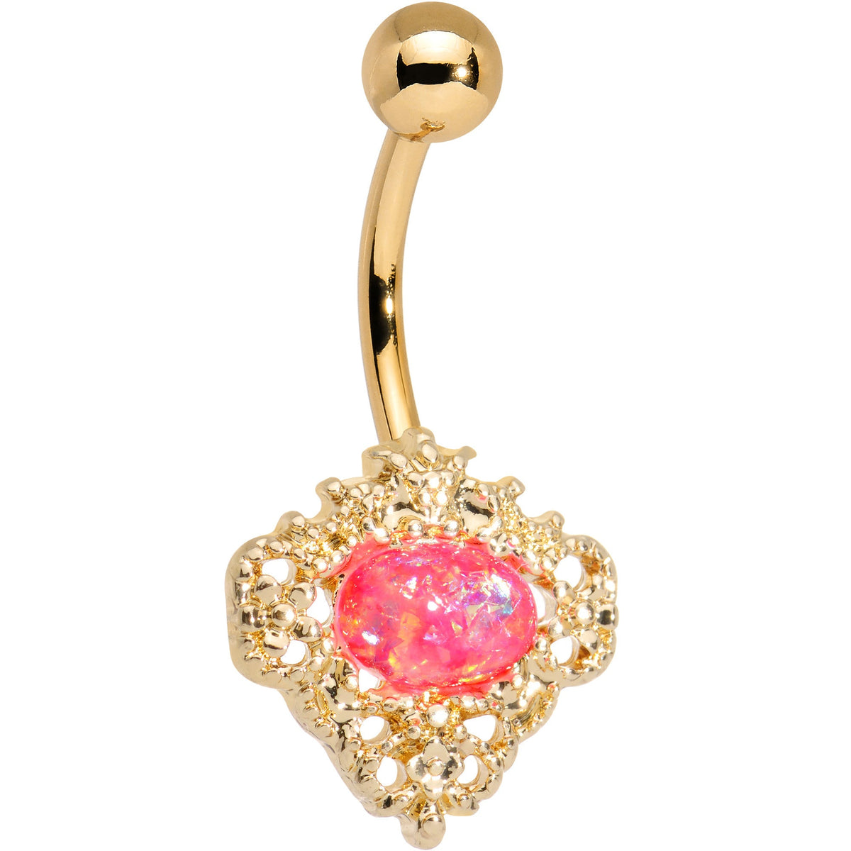 Pink Faux Opal Gold Anodized Regally Flowered Frame Belly Ring