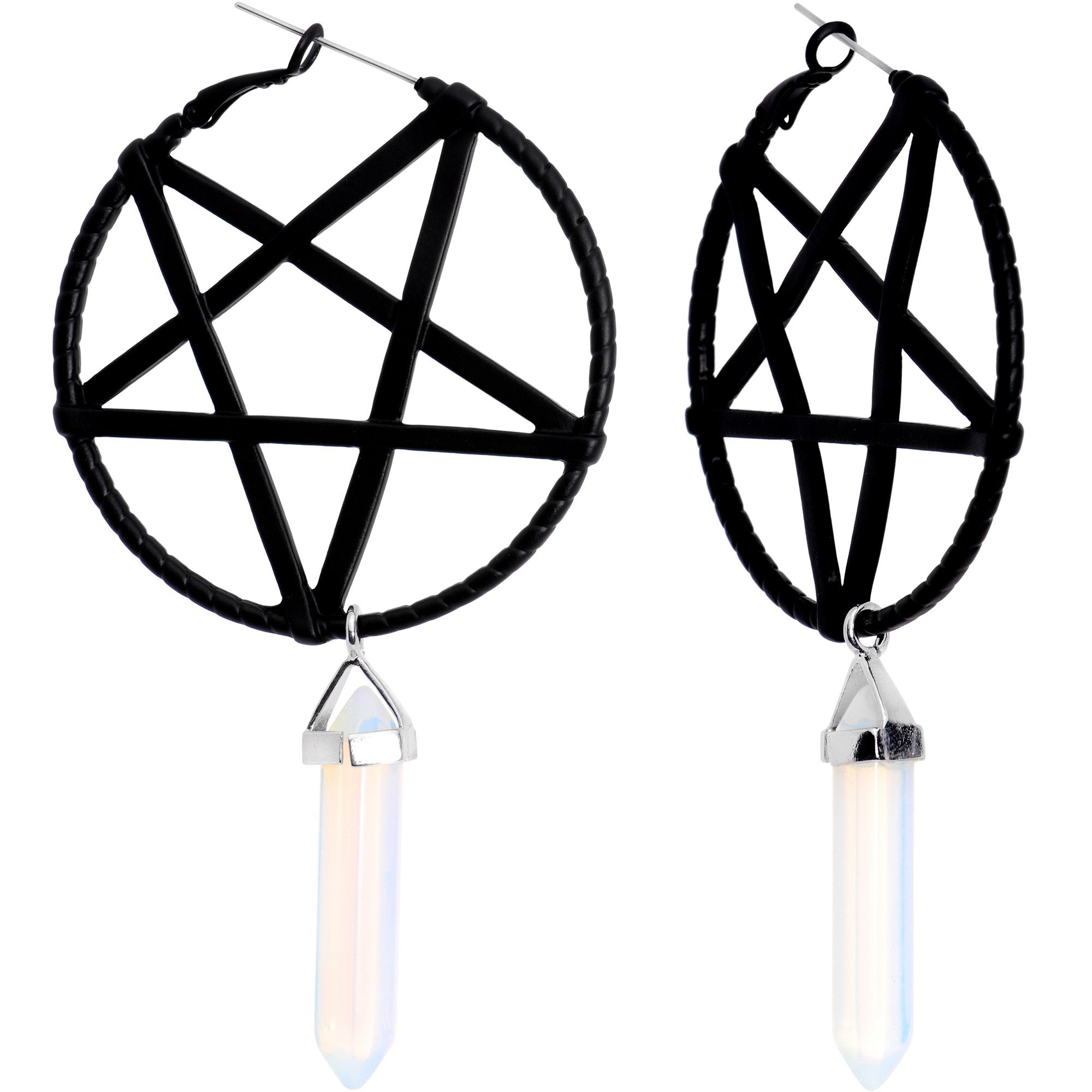 Opalite Stone Black Star Pentagram Tunnel Plug Earrings