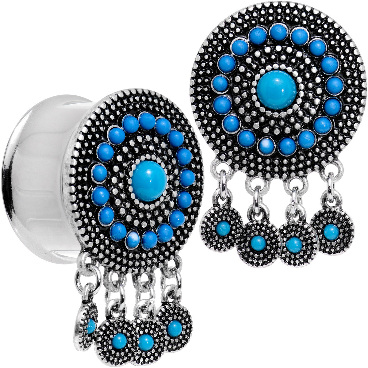 Southwest Blue Drum Dreamcatcher Dangle Double Flare Plug Set 6mm to 25mm